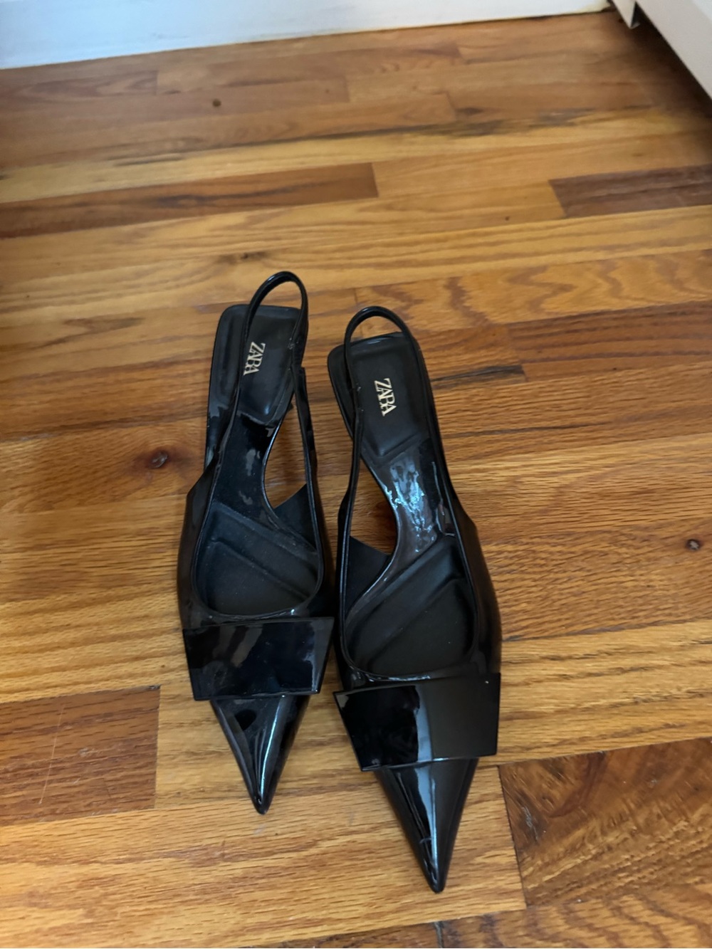ZARA Black Patent Pointed Slingback Heels with Wide Front Strap